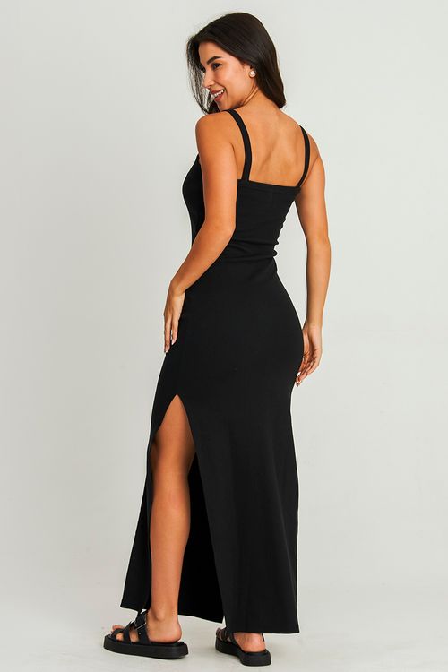 Vestido Longo Canelado Fenda Polo Wear Preto