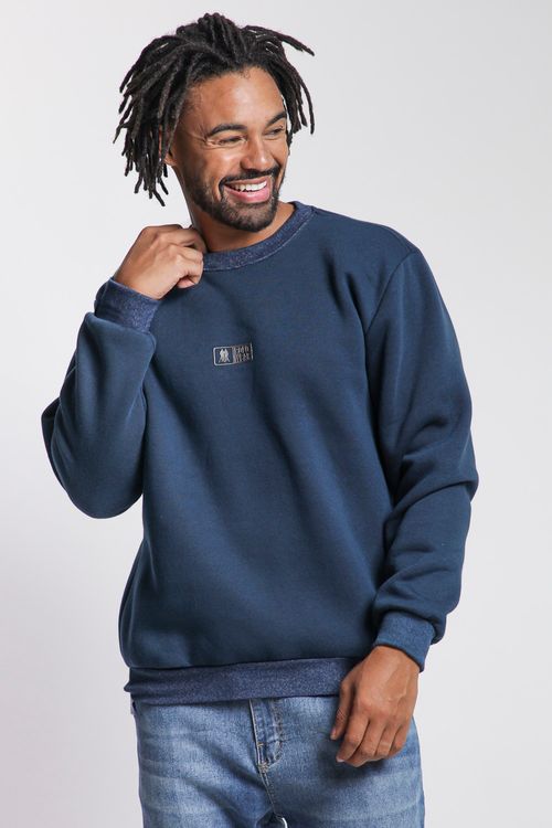 Blusa Moletom Masculina Gola Careca Polo Wear Azul Escuro