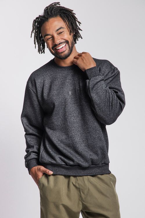 Blusa Moletom Masculina Gola Careca Polo Wear Preto Mescla