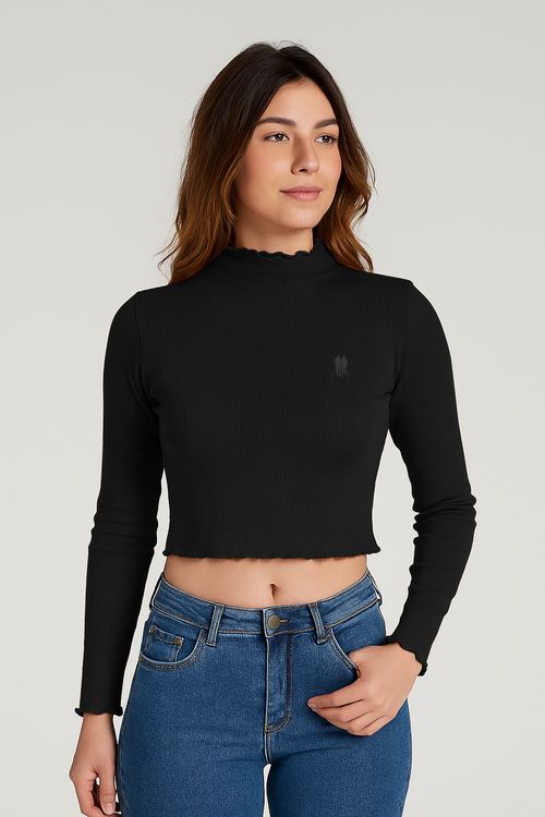 Blusa Tricot Feminina Ribana Gola Alta Polo Wear Preto