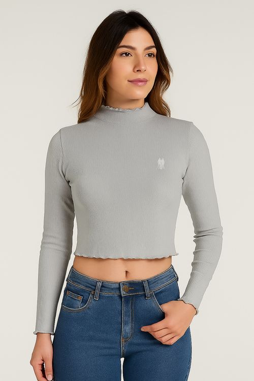 Blusa Tricot Feminina Ribana Gola Alta Polo Wear Mescla Claro