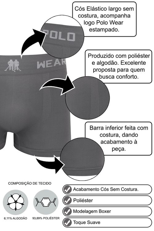 Kit 3 Cuecas Masculinas Boxer Polo Wear Cinza Médio