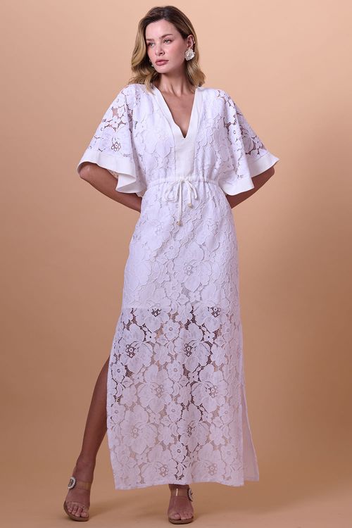 Vestido Kimono Longo Rendado Smk Off White