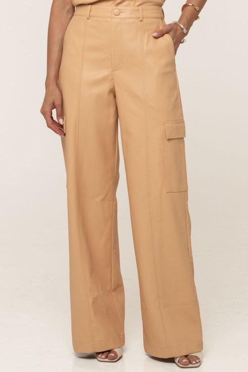 Calça Feminina Cargo Couro Pu Smk Bege Médio