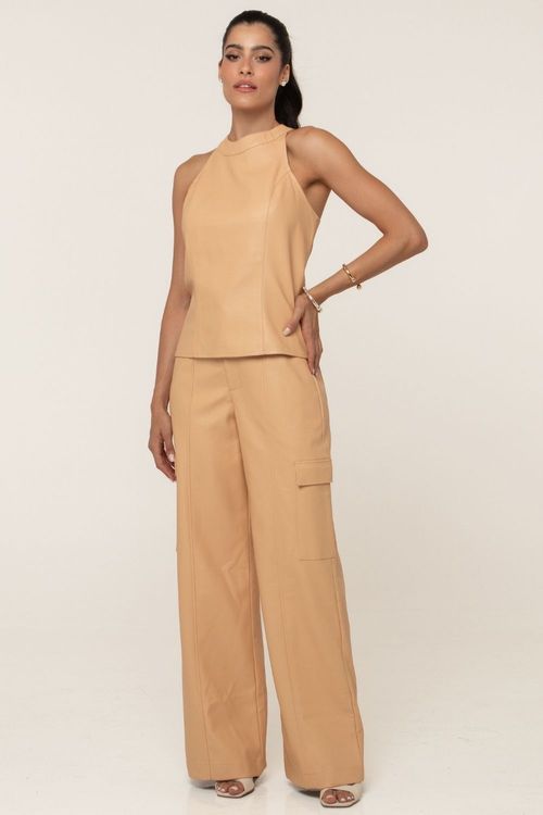 Calça Feminina Cargo Couro Pu Smk Bege Médio