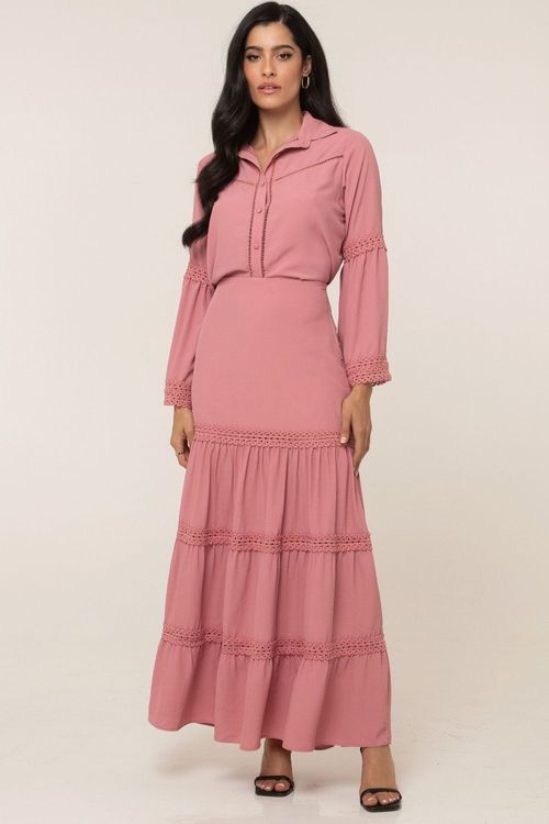 Saia Feminina Longa Camadas Smk Rosa Claro