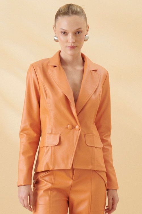Blazer Feminino Couro Pu Liso Smk Laranja Médio