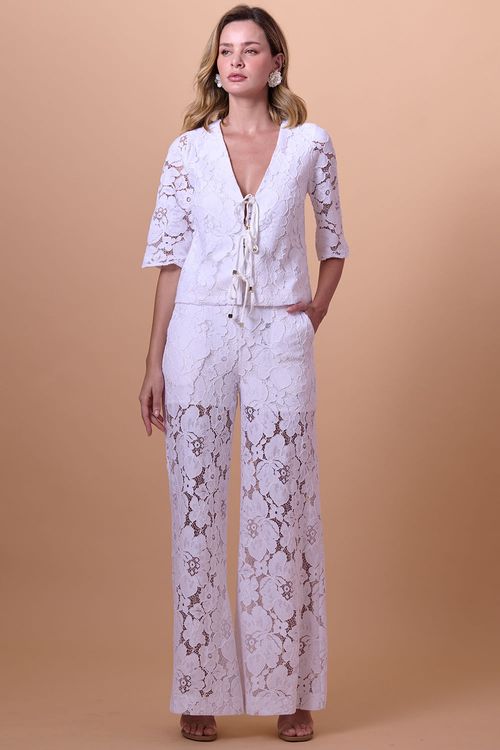 Calça Feminina Reta Rendada Smk Off White