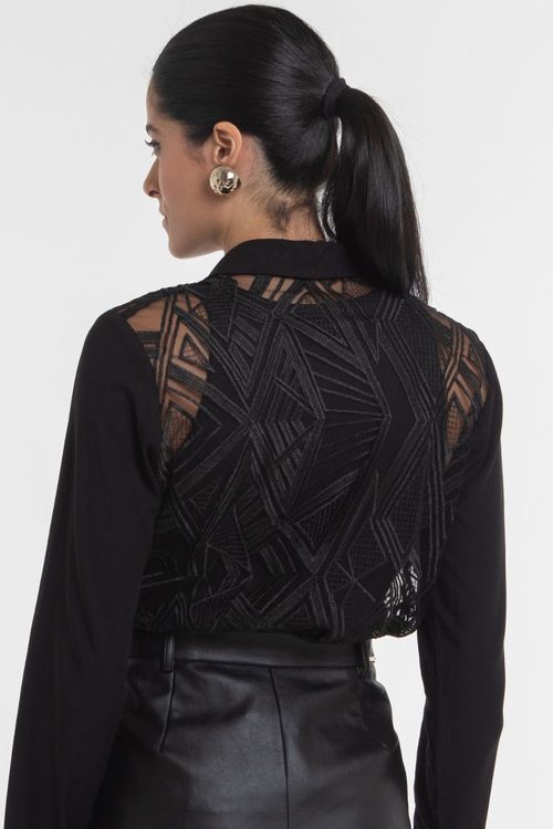 Camisa Feminina Renda Bordado Geométrico Smk Preto