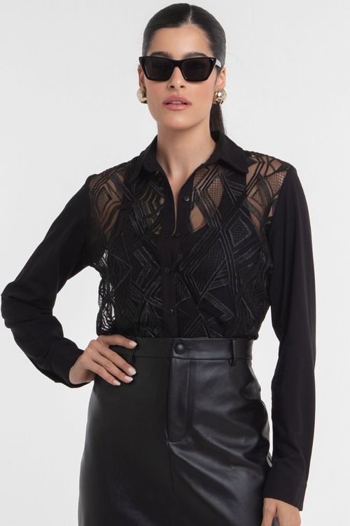 Camisa Feminina Renda Bordado Geométrico Smk Preto