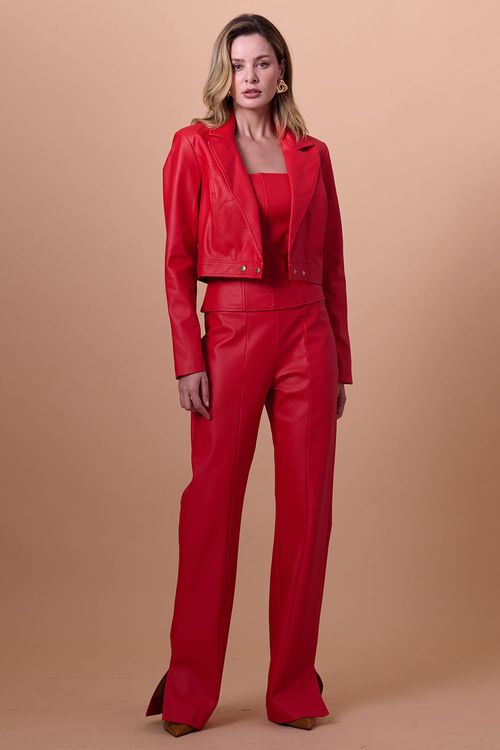 Calça Feminina Reta Neo Couro Pu Smk Vermelho Médio