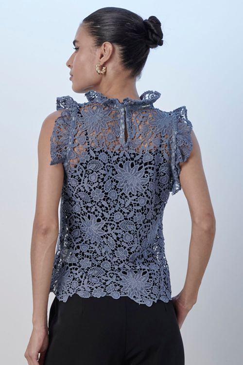 Blusa Feminina Renda Guipir Premium Vazada Smk Azul Médio