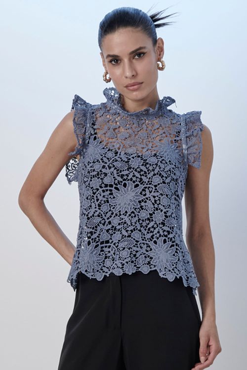 Blusa Feminina Renda Guipir Premium Vazada Smk Azul Médio