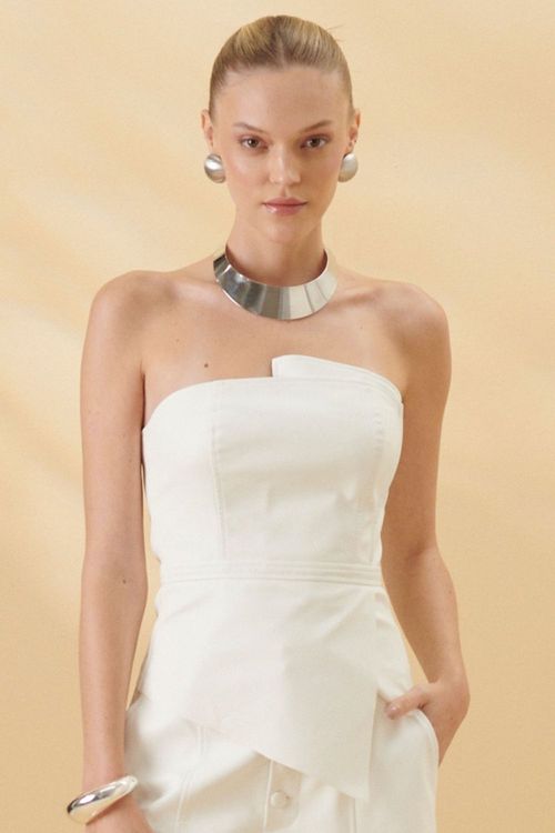 Cropped Couro Pu Sem Mangas Smk Off White