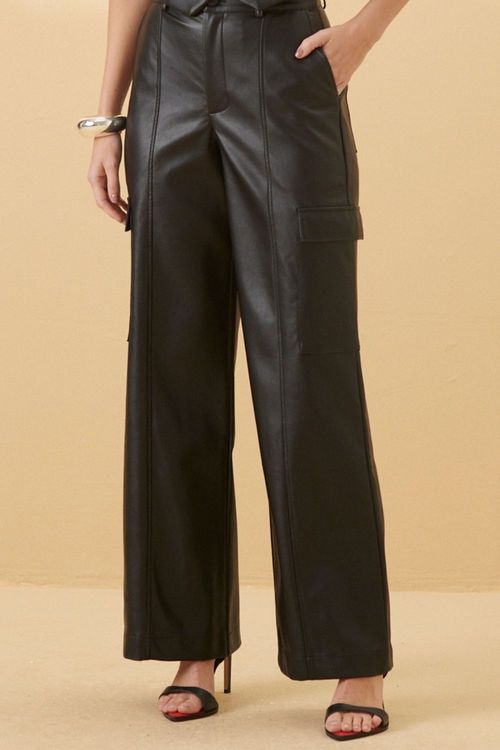 Calça Feminina Cargo Couro Pu Smk Preto