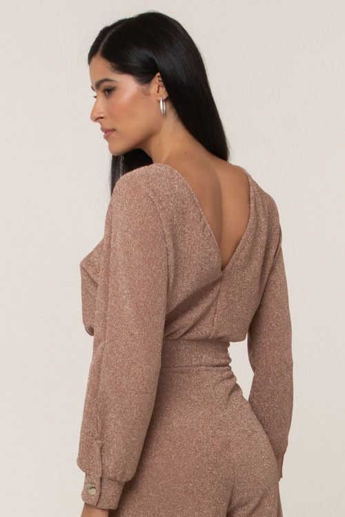 Blusa Feminina Curta Malha Lisa Gola Canoa Smk Bege Médio