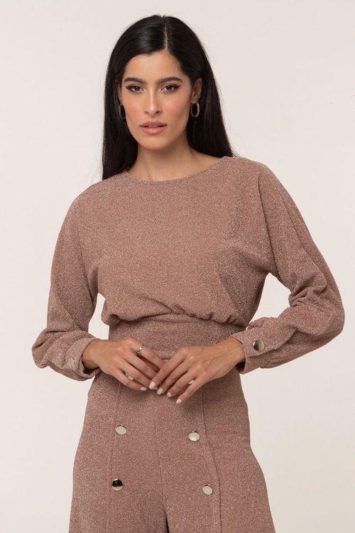 Blusa Feminina Curta Malha Lisa Gola Canoa Smk Bege Médio