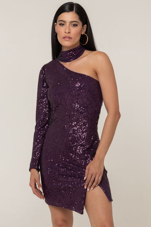 Vestido Curto Paetê Mari Recorte Ombro Smk Roxo Médio
