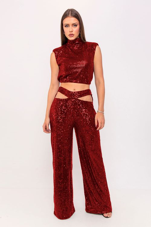 Calça Feminina Reta Ampla Paetê Smk Vermelho Médio