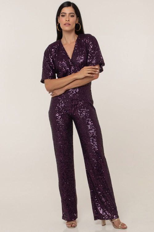 Macacão Feminino Paetê Manga Godê Smk Roxo Médio