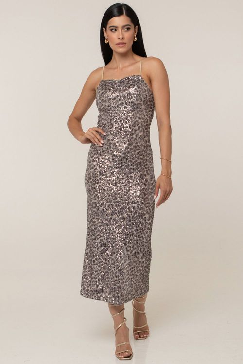 Vestido Midi Paetê Estampa Onça Smk Estampado
