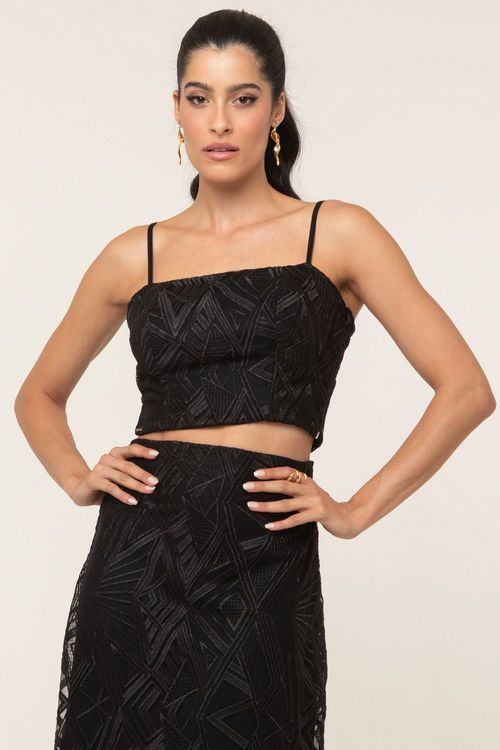 Cropped Renda Bordada Alça Fina Smk Preto