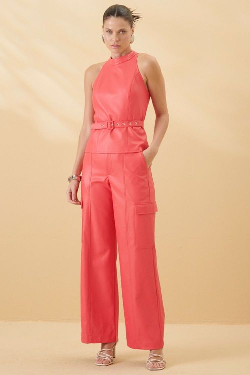 Calça Feminina Cargo Couro Pu Smk Rosa Escuro