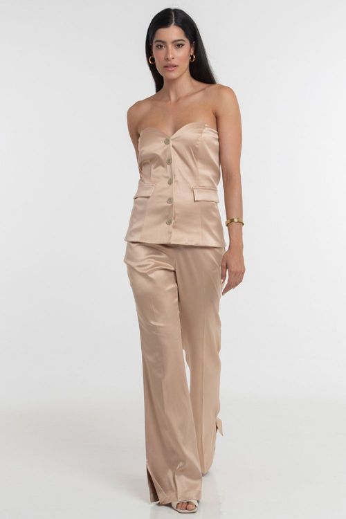 Blusa Feminina Cetim Russian Sem Manga Smk Bege Médio