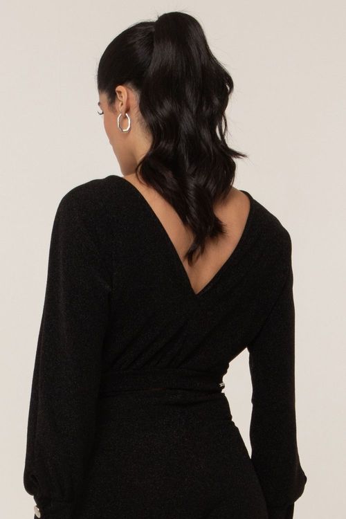 Blusa Feminina Curta Malha Lisa Gola Canoa Smk Preto