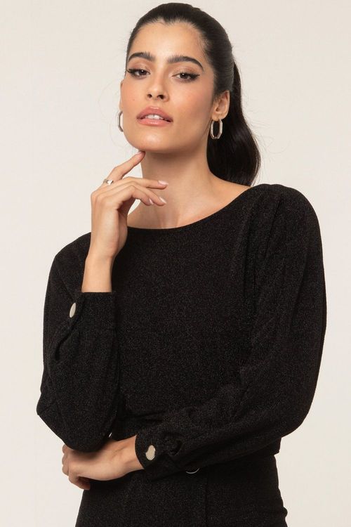 Blusa Feminina Curta Malha Lisa Gola Canoa Smk Preto