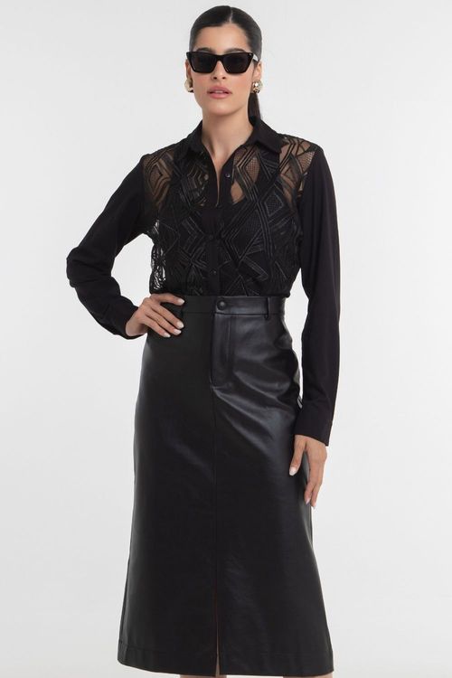 Saia Midi Lápis Couro Pu Fenda Smk Preto