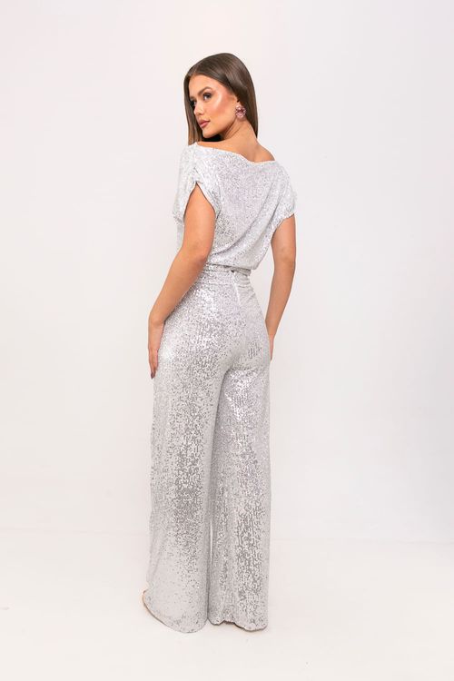 Calça Feminina Reta Ampla Paetê Smk Off White