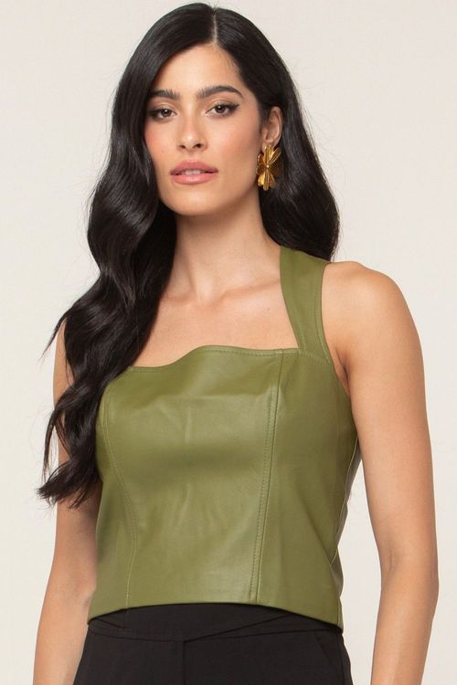 Blusa Feminina Couro Pu Lidia Alça Larga Smk Verde Escuro