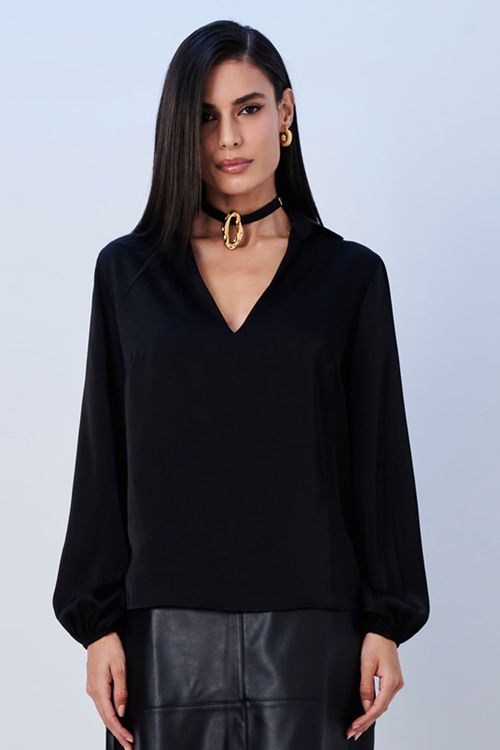Blusa Feminina Malha Regina Detalhe Decote Smk Preto