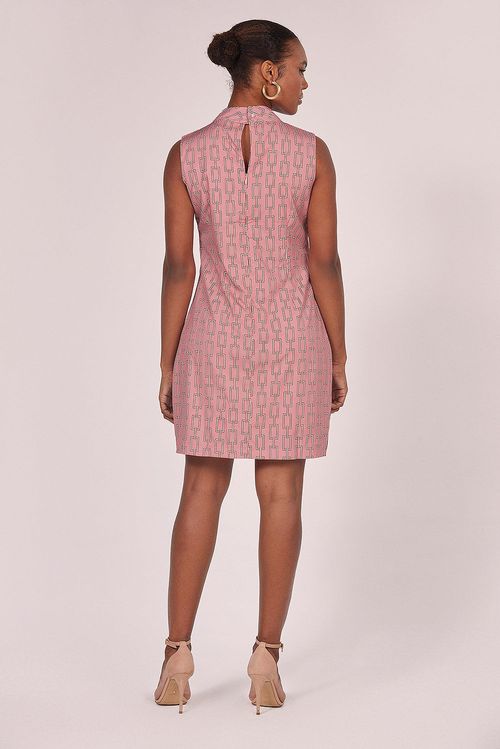 Vestido Curto Malha Estampado Gola Alta Smk Rosa Médio