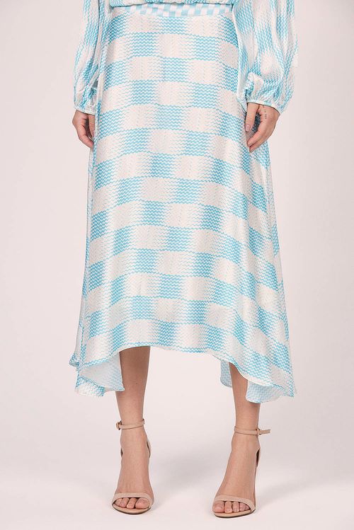 Saia Midi Assimétrica Estampa Xadrez Smk Azul Médio