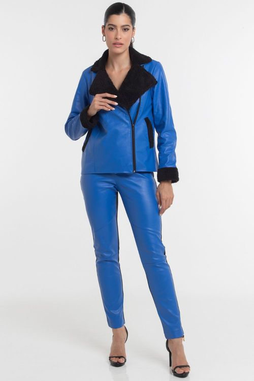 Calça Feminina Reta Couro Pu Bicolor Smk Azul Médio