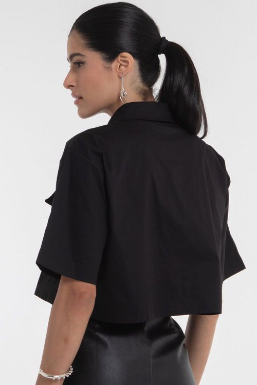 Camisa Cropped Feminina Tricoline Lisa Smk Preto