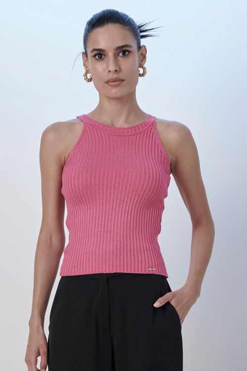 Regata Feminina Tricô Casual Lisa Smk Rosa Médio