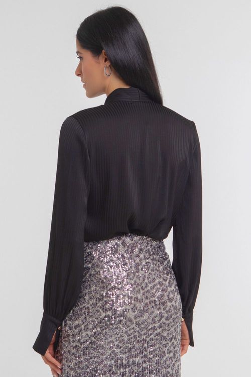 Camisa Feminina Manga Longa Gola Laço Smk Preto