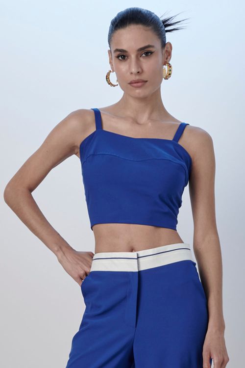 Cropped Alfaiataria Casual Liso Smk Azul Médio