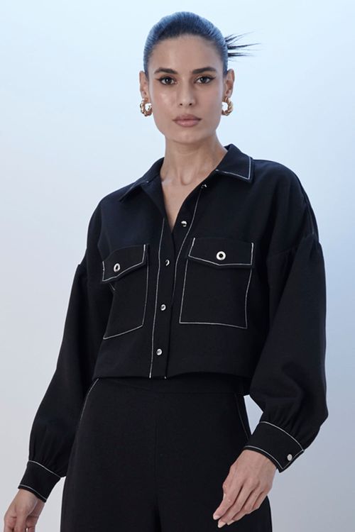 Camisa Cropped Feminina Manga Longa Smk Preto