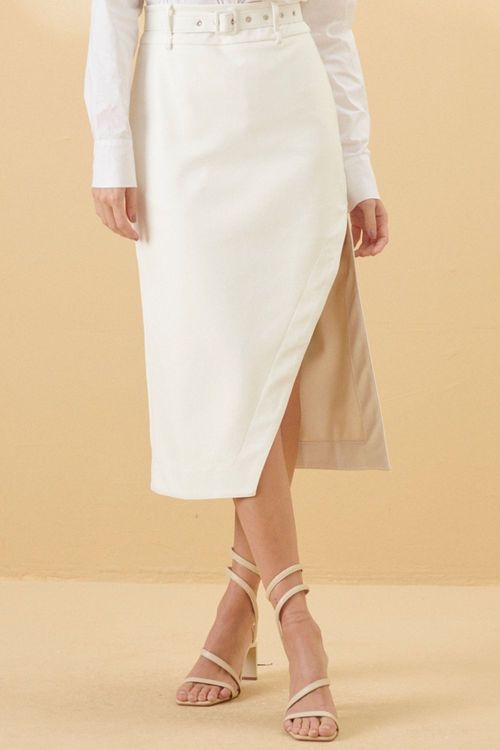 Saia Midi Couro Abertura Lateral Fenda Smk Off White