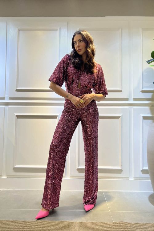 Macacão Feminino Paetê Manga Godê Smk Rosa Médio