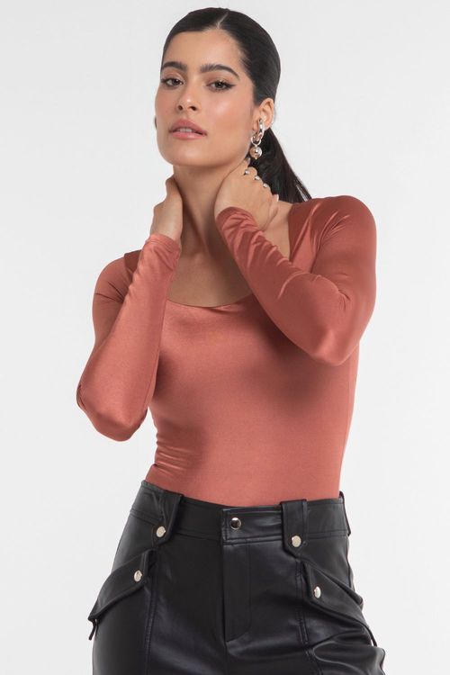 Body Feminino Manga Longa Liso Smk Salmão