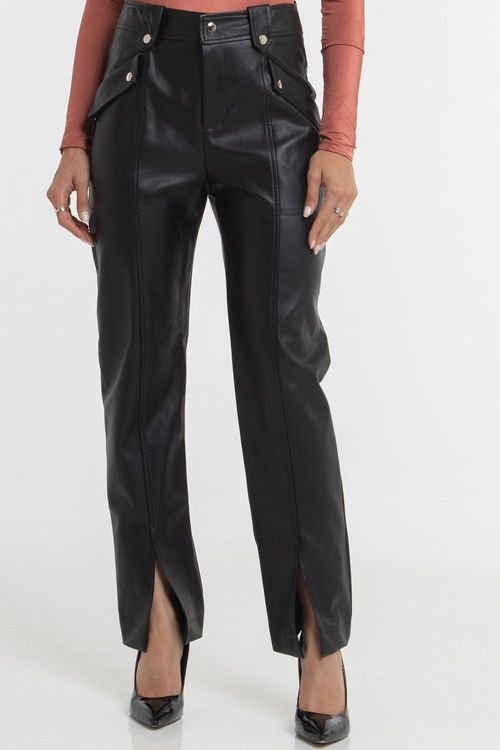 Calça Feminina Reta Couro Pu Lisa Smk Preto