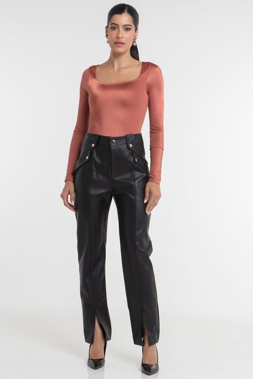Calça Feminina Reta Couro Pu Lisa Smk Preto