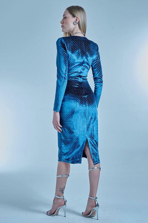 Vestido Midi Veludo Detalhe Strass Smk Azul Escuro