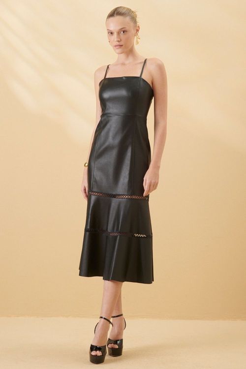 Vestido Midi Couro Pu Detalhe Vazado Smk Preto