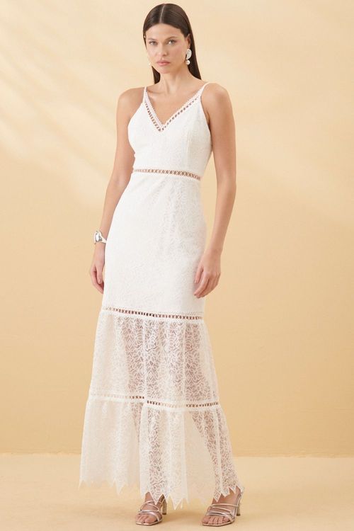 Vestido Longo Renda Detalhe Busto e Cintura Smk Off White